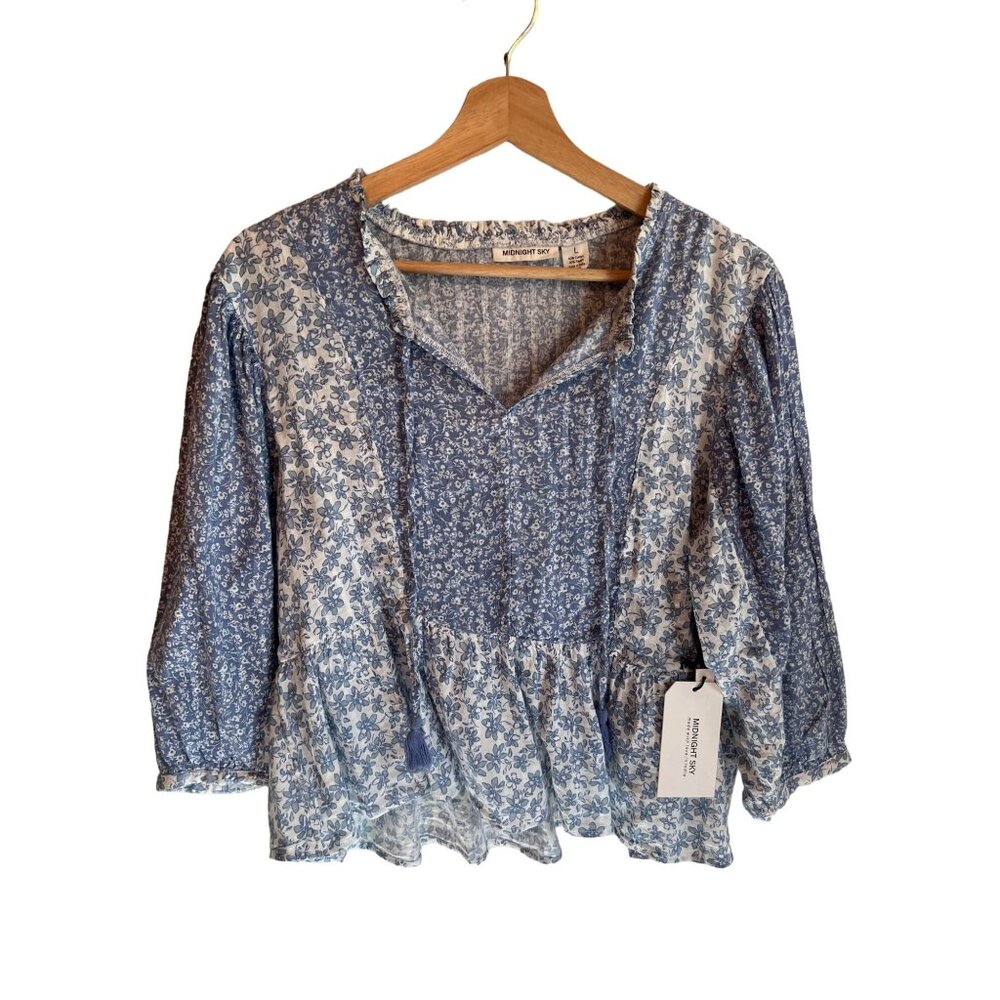 Midnight Sky Floral Blue Peasant Blouse Women's Long Sleeve Top Size L Blouse